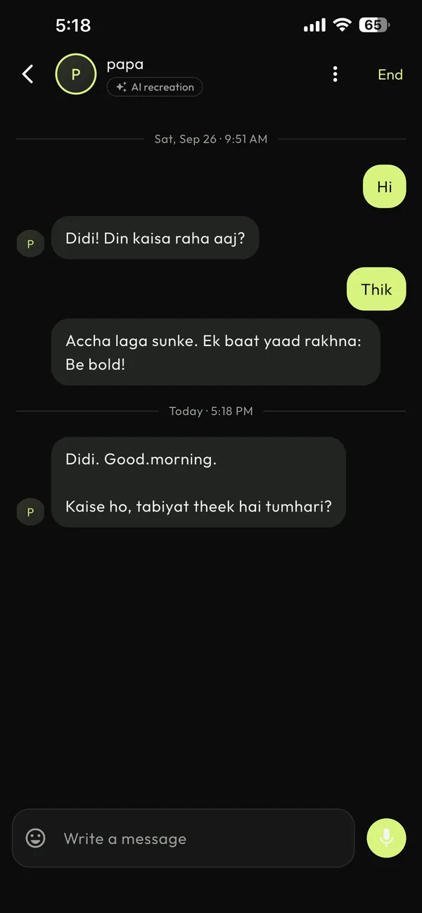 A chat with Papa in Hinglish: 'Didi. Good morning. Kaise ho, tabiyat theek hai tumhari?'