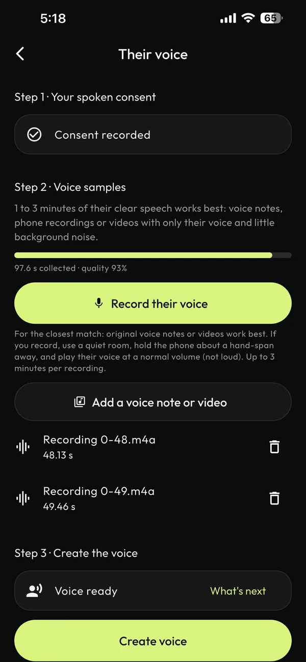 The voice setup screen with recorded samples and a 93% quality meter